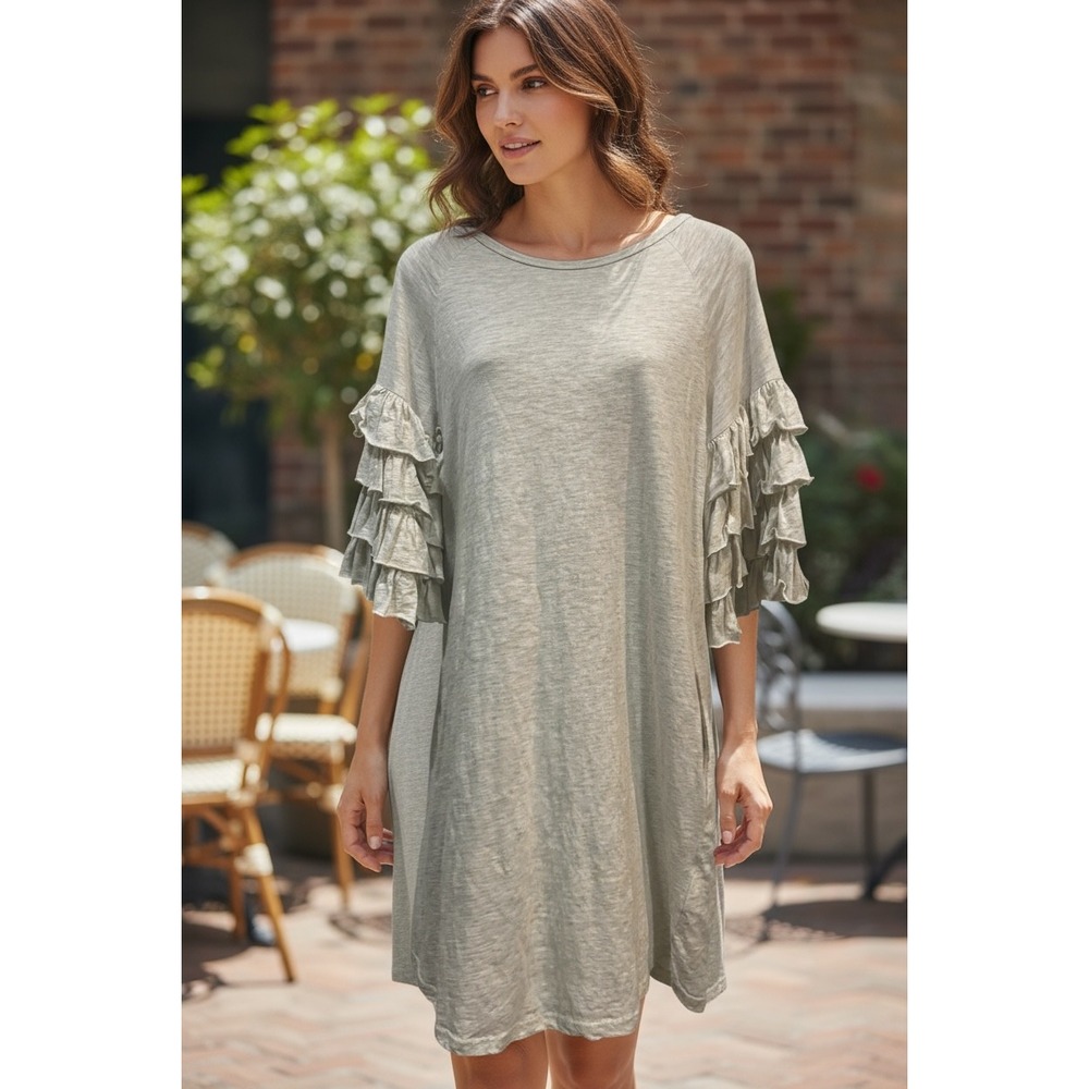 Umgee USA Women's S Gray Tiered Ruffle Sleeve Casual Tunic Dress